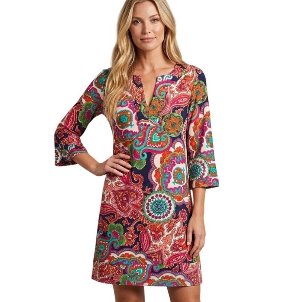 Jude Connally Liquid Knit Dress Womens Large Multicolor Paisley Colorful Shift